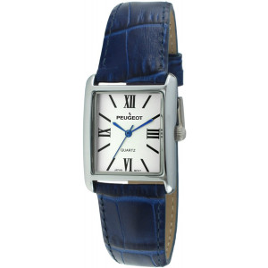 Peugeot Women's Silver-Tone Tank Shape Leather Dress Watch with Roman Numerals