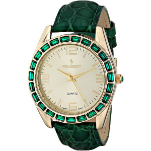 Women Crystal Accented Round Watch - Boyfriend Style with Genuine Leather Strap Watch