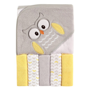 Luvable Friends Unisex Baby Hooded Towel with Five Washcloths, Owl, One Size