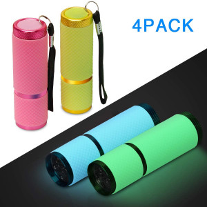 Adecco LLC 9 LED Glow in Dark Flashlights, 4 Pack Rubber Coated Flashlights with Straps, Portable Handy Lights for Camping, Hiking, Indoor, Assorted Colors
