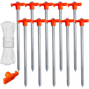 ABCCANOPY Tent Stakes, Camping Tent Stakes, 11" Galvanized Non-Rust Stakes Pegs for Pop Up Canopy, Camping Tent, Patio Shade, Hiking, 10pc-Pack, Bonus 4pcs 10ft Ropes and 1 PVC top (Orange)