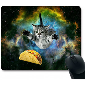 Curious Cat Flying Through Space Reaching for a Taco in Galaxy Space Hilarious Mouse Pad