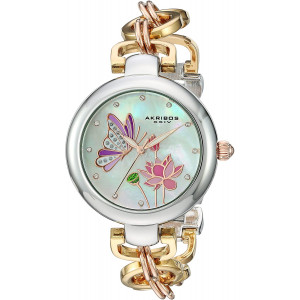 Akribos XXIV Women's Swarovski Crystal Landscaped Watch - Japanese Quartz Movement with Mother-of-Pearl Dial On Chain Link Bracelet - AK934