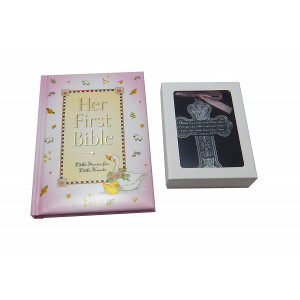 Baby Girl First Bible and 4 Inch Pewter Baptism Guardian Angel Crib Cross