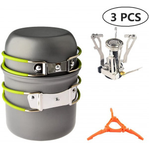 Camping Cookware Set, Petforu Cooking Utensils [Backpacking and Camping Stoves] + [Camping Pots and Pans] + [Ignition Canister Stove and Canister Stand Tripod]