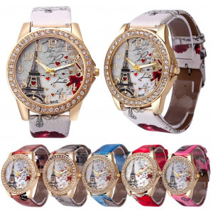 CdyBox Wholesale PU Leather Strap Watch 6 Pack Mother Day Gift Bling Rhinestone Accented Eiffel Tower Ladies Women Watches