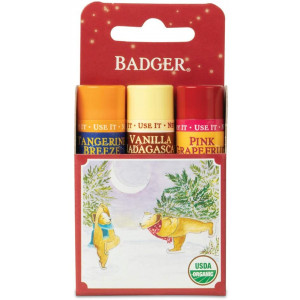 Badger - Classic Lip Balm Red Box, Lip Balm Variety Pack, Vanilla Madagascar, Tangerine Breeze and Pink Grapfruit, Certified Organic, Moisturizing Lip Balm, 0.15 oz (3 Pack)