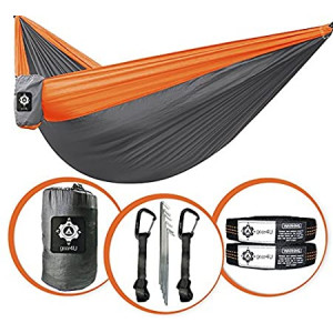 gear4U: Two Person, Double Camping Hammock with 2 Heavy Duty Tree Straps, 2 Pockets, 6 Tie Downs and Stakes. Strong Nylon Material. Best Gear for Backpacking, Hiking, Camping, Travel, Beach or Yard
