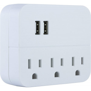 GE USB Charging Station Outlet Adapter, 3 Outlet Adapter, 2 USB Ports, Wall Tap, 3 Prong Outlet, USB 1.0A, UL Listed, White, 32193