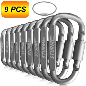 STURME Carabiner Clip Aluminum D-Ring Locking Durable Strong and Light Large Carabiners Clip Set for Outdoor Camping Screw Gate Lock Hooks Spring Link Improved Design Pack (9 Pack)