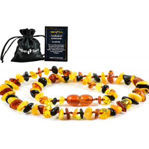 Amber Necklace (Unisex) (Multi) - Anti inFlammatory, Pain Reduce Properties - Certificated Natural Baltic Amber, Highest Quality. (13 inch.)