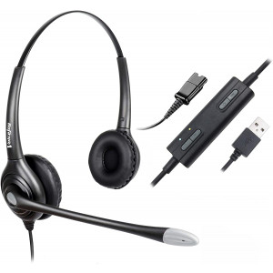 USB Plug Corded Headphone Call Center Comfort Noise Cancelling Headset with Adjustable Mic, Mute Volume Control for Calls on Laptops PCs Computers - Binaural