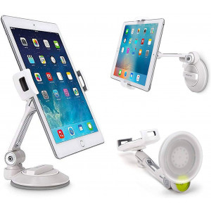 Grip Tight iPad Suction Cup Holder Fits 4-11 Display, Swivel Sticky Tablet Phone Stand Pad to Mount Smartphone, iPhone 5 6 7 iPad Mini, Cell on Smooth Surface Desk Countertop Mirror Car Truck Window