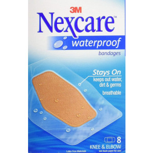Nexcare Waterproof Stays On Bandage, Knee and Elbow, 8 Bandages per Box (4 Pack)