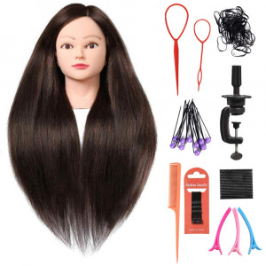 SILKY 26"-28" Long Hair Mannequin Head with 60% Real Hair, Hairdresser Practice Training Head Cosmetology Manikin Doll Head with 9 Tools and Clamp - #4 Brown, Makeup On