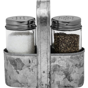 Farmhouse Salt and Pepper Shakers with Caddy Set by Saratoga Home - Rustic Vintage Galvanized Decor - Weddings, Restaurants - 3-Piece Set - Easy to Clean, No-Mess Refilling