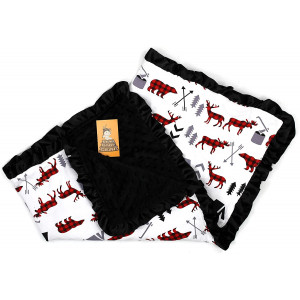 Dear Baby Gear Baby Blankets, Woodland Adventure Bear Moose Lumberjack Plaid, Minky Black, 32 Inches by 32 Inches