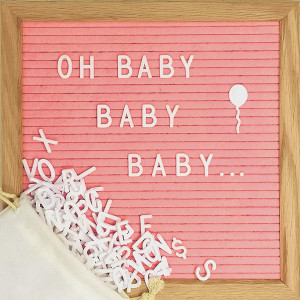 Pink Felt Letter Board Set with 10 x 10 inch Oak Frame, 374 Precut Letters and Emojis, Cursive Words, Wall Hook - Perfect Message Sign for Girl Baby Shower Decorations