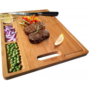 HHXRISE Large Organic Bamboo Cutting Board for Kitchen, with 3 Built-in Compartments and Juice Grooves, Heavy Duty Chopping Board for Meats Bread Fruits, Butcher Block, Carving Board, BPA Free