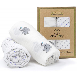 Alpy Baby Organic Cotton Muslin Swaddle Blankets - 47 x 47 inches - Set of 2 (Elephants and Dots)