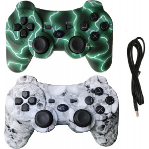 IHK 2 Pack Wireless Dual Vibration Controller for PS3, Gamepad Remote for Playstation 3 with Charge Cables, Green and Skull - 43237-2
