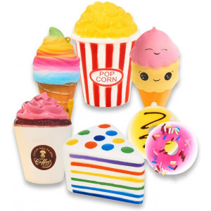 Slow Rising Jumbo SQUISHIES Set Pack of 7 - Rainbow Triangle Cake, Frappuccino, Popcorn, Donuts X2 and Ice Cream X2, Kawaii Squishy Toys or Stress Relief Toys Plus Bonus Sticker Come with The Squishys