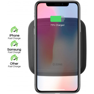 ZENS Wireless Charging Pad - Single Qi Charger Pad with 15 Watt Power Output - Supports Apple iPhone and Samsung Galaxy Fast Charge -Includes AC/DC Adapter - Black