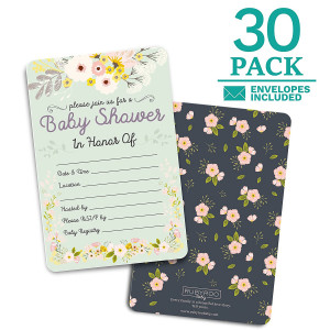 Baby Shower Invitations - 30 Cards + envelopes. Gender Neutral for boy or Girl. Match Baby Shower Games, Decorations and Favors. Perfect invites for Showers, Sprinkles or Gender Reveal Party. (Floral)