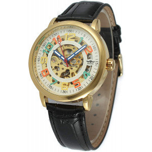 Unisex Big Colorfully Number White Dial Automatic Mechanical Watch Gold Stainless Steel Black Leather