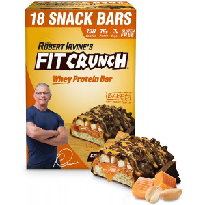 FITCRUNCH Snack Size Protein Bars | Designed by Robert Irvine | World's Only 6-Layer Baked Bar | Just 3g of Sugar and Soft Cake Core (18 Snack Size Bars, Caramel Peanut)