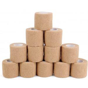 12 Bulk Pack Cohesive Tape, Self Adherent Wrap 2 Inches X 5 Yards - Self Adhesive Bandage Medical Vet Wrap for First Aid, Sports Protection and Wrist, Ankle Sprains and Swelling