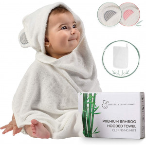 Parenting and Children London Organic Bamboo Hooded Baby Towel and Washcloth Set - Softest Unisex Bath Towel for Kids, Infants and Toddlers - Perfect for Girls and Boys (Grey)