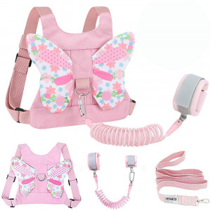 Toddlers Leash + Anti Lost Wrist Link Child Kids Safety Harness Kids Walking Wristband Assistant Strap Belt for Girl Pink Tapestry(Butterfly)