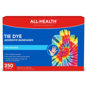 All Health Tie Dye Adhesive Bandages.75 in x 3 in, 350 ct | Fun Colorful Designs for Minor Cuts and Scrapes, First Aid, and Wound Care