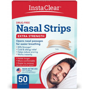 Instaclear Extra-Strength Nasal Strips, Tan 50 ct | Works Instantly, Breathe Better, Nasal Congestion Relief, Stops Snoring, Cold and Allergy, Extra Strength Tan