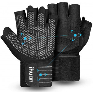 ihuan Updated 2020 Ventilated Weight Lifting Gym Workout Gloves with Wrist Wrap Support for Men and Women, Full Palm Protection, for Weightlifting, Training, Fitness, Hanging, Pull ups