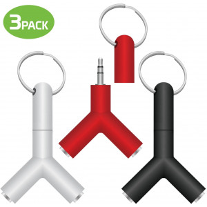 Pack of 3 Key Chain Audio Splitter Y Adapter, 3.5mm Male to Dual 3.5mm Female Adapter by Cellet  Black, White and Red