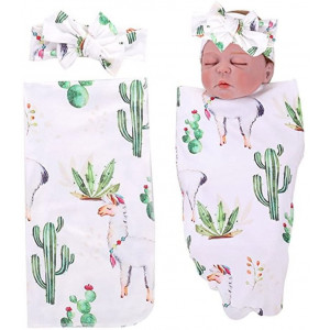 PROBABY Newborn Baby Swaddle Blanket Cactus and Llama Print Blanket with Headband Receiving Blankets for Coming Home Gift (One Size, A)