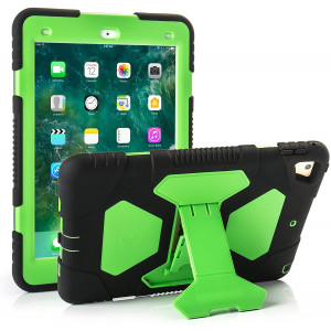New iPad 9.7 2018/2017 Case, KIDSPR Lightweight Shockproof Rugged Cover with Stand Protective Full Body Rugged for Kids for New iPad 9.7 inch 2018/2017 (6th Gen, 5th Gen) (Black/Green)