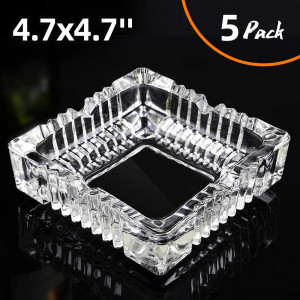 KUCEMO Ashtray 5 Pack, Glass Square Ashtrays for Cigarettes, Cigar Glass Ashtray for Restaurant Outdoor Home Decoration (4.7 x 4.7inch)