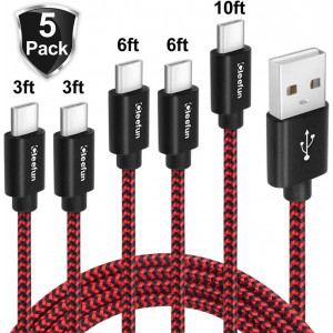 USB C Cable Fast Charging, [5-Pack,3/3/6/6/10 ft], CLEEFUN Nylon Braided Type C Cable Fast Charger Cord for Samsung Galaxy S10 S9 S8 Plus S10e, Note 8 9 10, LG G7 G6 G5 V30 V20 Moto G6 Z Z2 Pixel 2 XL