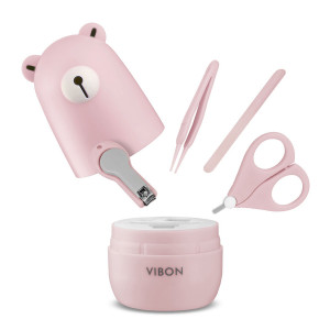 VIBON Light Pink Bear Shape Baby Manicure Kit,Safe Baby Bear Nail Clipper,Scissors,Tweezers and Nail File(4 Pcs),Baby Nail Care Set for Newborn,Infant,Toddler,Kids