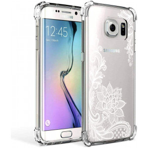 Galaxy S7 Edge Case Clear with Lace Design Shockproof Protective Case for Samsung Galaxy S7 Edge 5.5 Inch Cute Henna Flowers Pattern Flexible Slim Rubber White Floral Cell Phone Cover for Girls Women