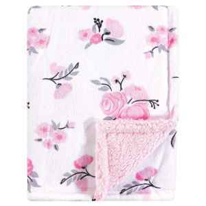 Hudson Baby Unisex Baby Plush Blanket with Sherpa Back, Pink Floral, One Size