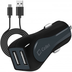 Cellet High Powered 3Amp, Fast Charging 15Watt, Dual USB Port Car Charger with 4ft Long Type-C Cable Compatible for Asus ZenFone V/Asus ZenFone V Live