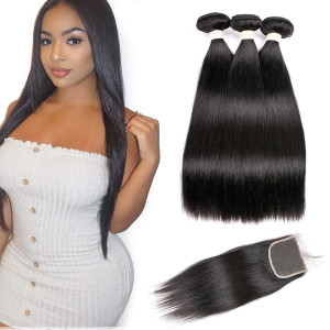 Beauhair Brazilian Straight Virgin Hair 3 Bundles With Closure Free Part (14 16 18 with 14inch), Grade  7A 100% Unprocessed Remy Human Hair Extensions, Hair Weft Weave With Lace Closure, Natural Color
