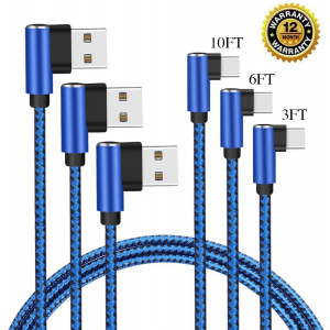 CTREEY Compatible for USB Type C Cable Right Angle, 90 Degree [3 Pack 3ft 6ft 10ft] 2.0 Fast Charger Nylon Braided Cord for Samsung Galaxy S9 S8 Plus Note 9 8,Google Pixel XL,Moto Z Z2,LG V30 G6 G5
