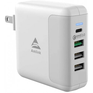 Wall Charger, AMLINK 40W USB Plug, 4-Port QC3.0 USB Fast Charger with Smart Technology and Foldable Plug for iPhone 11/Xs/XS Max/XR/X/8/7, Galaxy S10/S9/S8, Nexus, iPad and More (White)