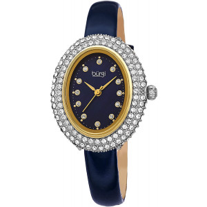 Burgi Swarovski Crystals Oval Watch  Genuine Swarovski Studded Double Row Crystals, Patent Leather Strap, 12 Crystal Markers On Mother of Pearl Dial - Mother's Day Gift- BUR234
