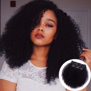 Vanalia 3C 4A Curly Hair Clip Extensions Human Hair Double Wefted Natural Black 100% Remy Human Hair 120 Gram 7 Pieces 18 Clips for African American Black Women Afro Kinkys Curly 16 Inch